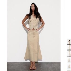 Zara Set Beige Maxi Denim Skirt and Denim Vest
